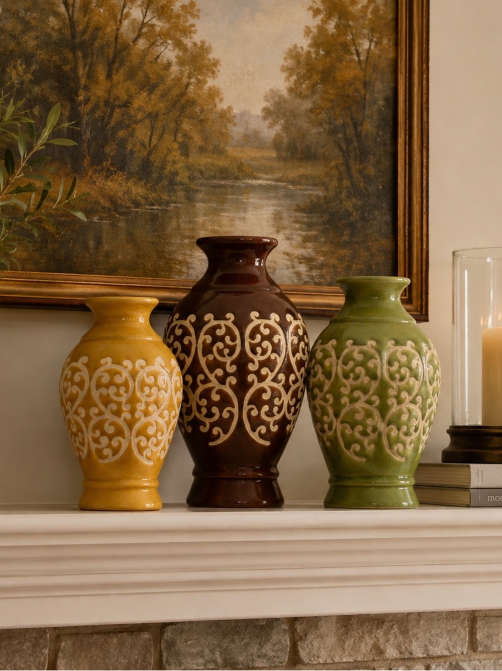 Set of 3 ceramic vases. Adorable with unique scroll design.